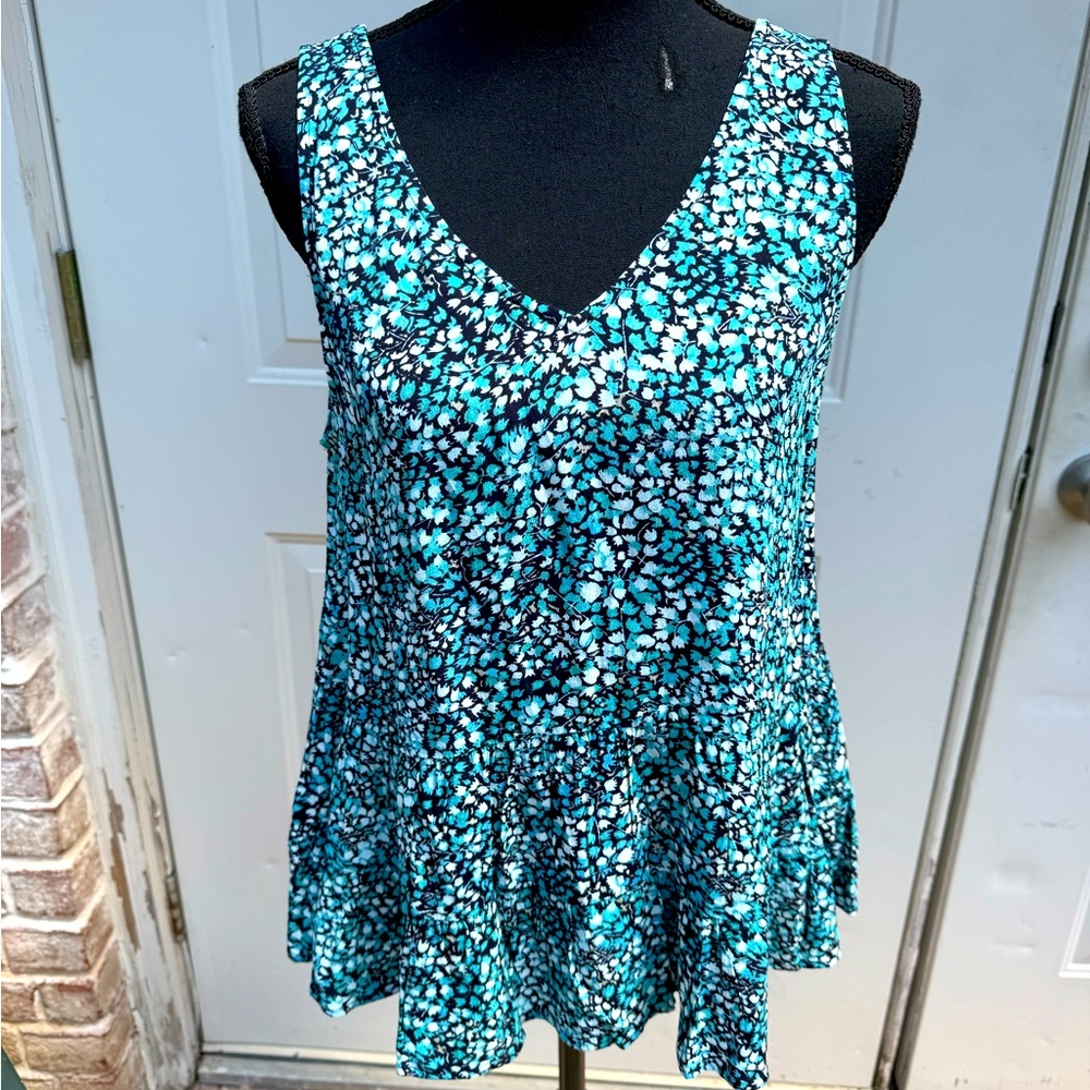 Loft, Green & Black Print, Sleeveless, Blouse, Size Small